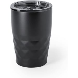 A drink bottle in matte black with a textured surface and a clear lid, featuring a logo.