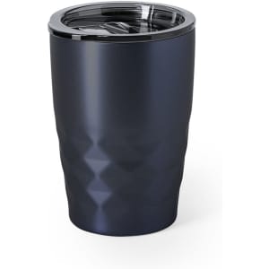 A drink bottle featuring a dark blue, diamond-textured exterior with a clear, matching lid. It includes a logo.