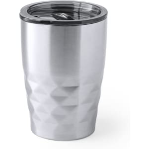A drink bottle in a silver stainless steel finish with a textured design and transparent lid. Features a logo.
