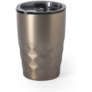 A drink bottle featuring a metallic bronze finish with a textured design and a black lid. It includes a logo.