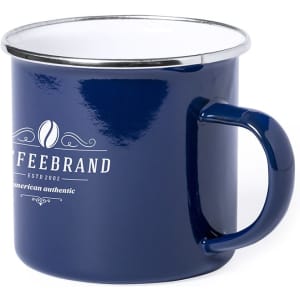 A coffee mug in navy blue with a white interior, featuring a branding logo on the side.