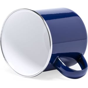 A navy blue coffee mug with a glossy finish and a white interior, featuring a handle and a branding logo.