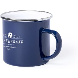 A coffee mug with a navy blue exterior and a silver rim, featuring a branding logo.