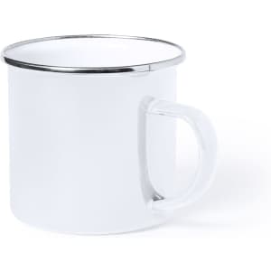 A white coffee mug with a silver rim and a clear handle, featuring a logo on the side.