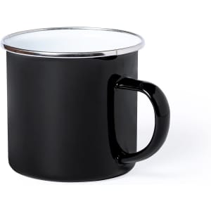 A black coffee mug with a silver rim and a curved handle, featuring a logo on its surface.