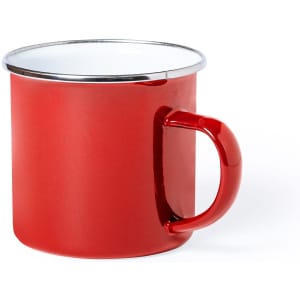 A red drinkware mug with a shiny silver rim and a curved handle. It has a simple, sleek design.