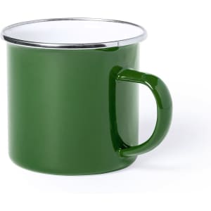 A green coffee mug with a white interior and a silver rim, featuring a handle.