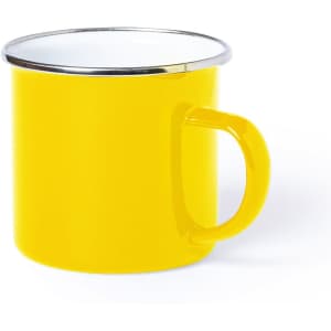 A yellow mug with a white interior and a curved handle. It has a metallic rim and features a logo.