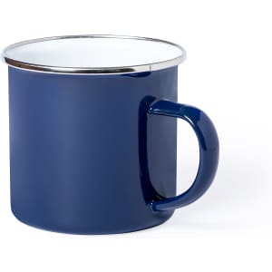 A navy blue coffee mug with a silver rim and a curved handle. It has a simple design.