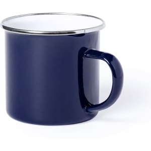 A coffee mug in navy blue with a white interior and a silver rim. Features a single handle and a smooth finish.