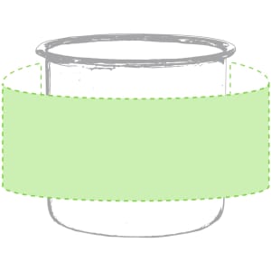 A coffee mug with a transparent design and a green band for customisation.