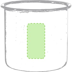 A white coffee mug with a green rectangular design and a logo on the front.