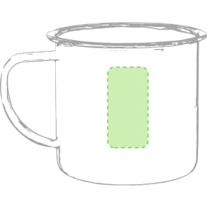 A coffee mug with a simple design, featuring a green rectangular area and a handle. It has a logo on the surface.