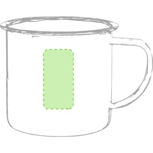 A coffee mug with a simple design and a light green area, featuring a handle and a rounded body.