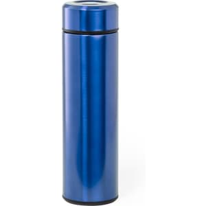 A drink bottle in a shiny blue finish, featuring a sleek, cylindrical design with a lid and a logo.