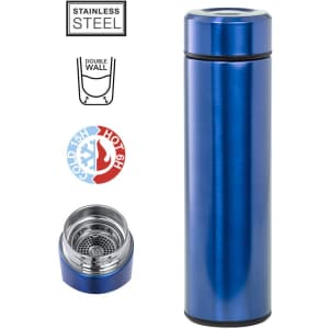 A drink bottle in a shiny blue finish, made of stainless steel with a double wall and a removable lid.