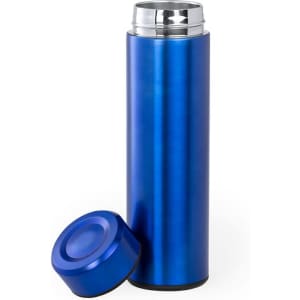 A drink bottle with a blue metallic finish and a silver metal cap, featuring a logo on the side.