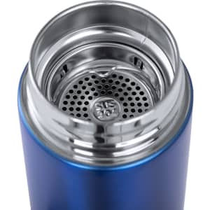 A drink bottle with a shiny stainless steel interior and a blue exterior, featuring a spout and filter.
