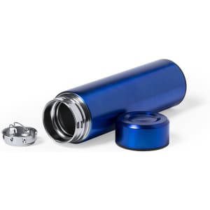 A blue vacuum flask with a silver lid and a removable base, designed for keeping beverages hot or cold.