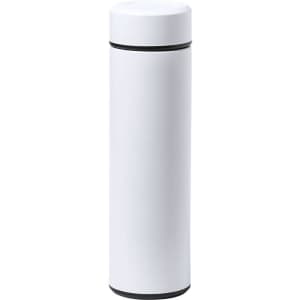 A drink bottle in white with a sleek design and black accents, featuring a logo on its surface.