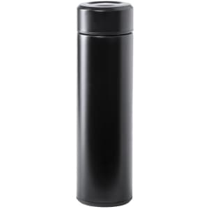 A drink bottle featuring a sleek black design and a screw-on lid, with a simple branding logo.