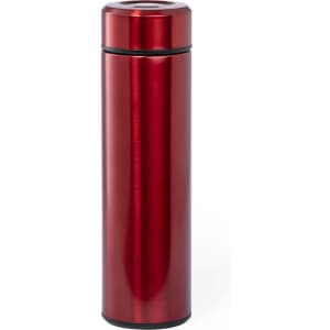 A drink bottle in a sleek, glossy red finish, featuring a silver rim and a logo on its body.