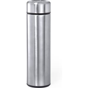 A drink bottle with a sleek, stainless-steel finish and a black base, featuring a logo on the side.