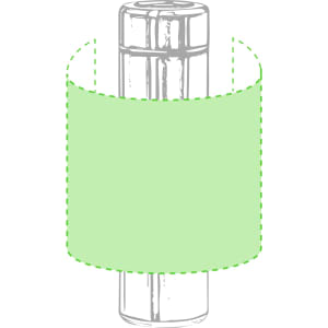 A drink bottle with a clear body and a light green sleeve, featuring a logo on its surface.
