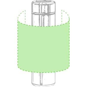 A drink bottle featuring a cylindrical shape with a light green sleeve and a logo at the top.
