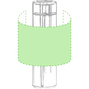 A drink bottle with a clear, cylindrical body, featuring a green band around its midsection. It has a logo on it.