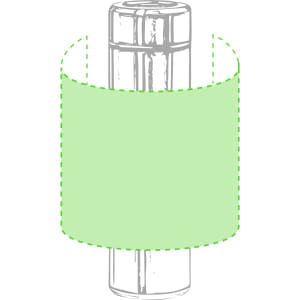 A drink bottle design featuring a clear flask with a light green sleeve. It includes a logo on the surface.