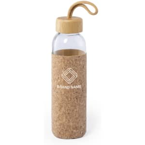 A drink bottle with a clear glass body, cork sleeve, and bamboo lid. Features a handle for easy carrying.