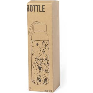 A drink bottle in a speckled design, packaged in a brown box with a handle and a logo. Holds 500 ml.