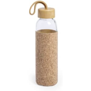 A drink bottle featuring a clear glass body with a cork sleeve and a bamboo lid, complete with a hanging strap.