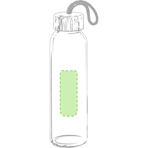 A drink bottle with a clear body, wooden lid, and a looped strap, featuring a blank green label area.