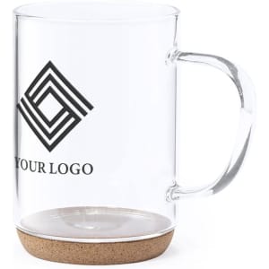 A clear glass mug with a cork base and a logo design on the side.