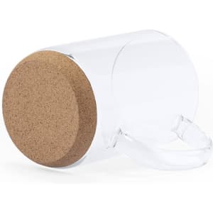 A clear drinkware coffee mug with a cork base and a transparent handle.