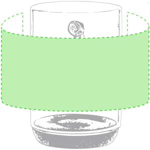 A transparent coffee mug with a round base and a smooth, light green band around its centre.