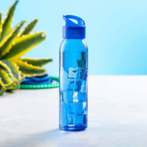 A drink bottle in vibrant blue with a blue lid, containing ice cubes and water. It features a logo on the side.