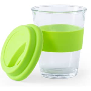 A drink bottle with a transparent body and a bright green silicone sleeve and lid. Ideal for beverages.