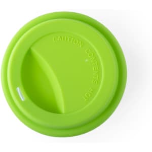 A drink cup in bright green with a lid featuring a caution message. Ideal for hot beverages.
