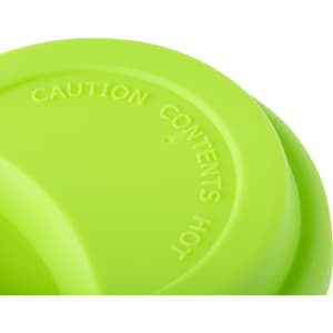 A green drink bottle with a textured lid featuring a caution label.