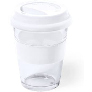 A transparent coffee mug with a white silicone lid and band, featuring a simple design.