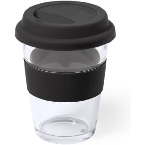 A drink bottle featuring a clear body with a black silicone sleeve and lid, designed for hot beverages.