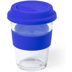 A drink mug with a clear body and a blue silicone lid and band. It features a logo on the side.