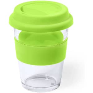 A drink bottle featuring a clear body and a bright green silicone lid and band. It has a modern, eco-friendly design.