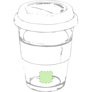 A reusable coffee mug with a transparent base and a green accent, featuring a lid and a single logo.