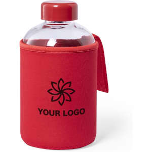 A drink bottle with a clear body and red cap, wrapped in a red neoprene sleeve featuring a logo.