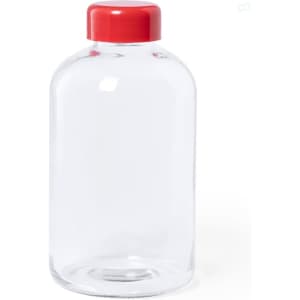 A drink bottle with a clear body and a red cap, featuring a simple design and a logo.