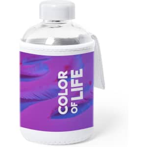 A drink bottle with a transparent body, featuring a vibrant purple and pink sleeve and a white cap. It has a logo.